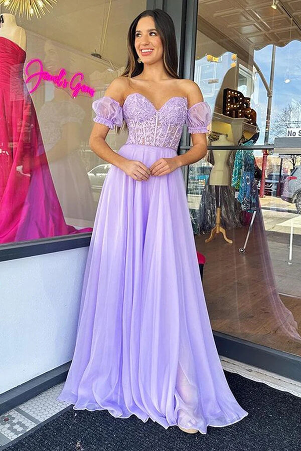 Lavender Chiffon Sweetheart Neck Lace Long Prom Dresses, Party Dresses, MP795 | purple prom dresses | long prom dresses | new arrival prom dress | musebridals.com