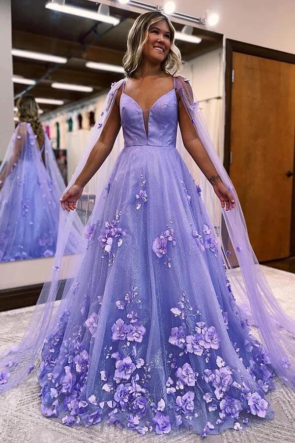 Lavender Satin A-line V-neck Long Prom Dresses With 3D Lace Flowers, MP863 | purple prom dresses | lace prom dresses | new arrival prom dress | musebridals.com