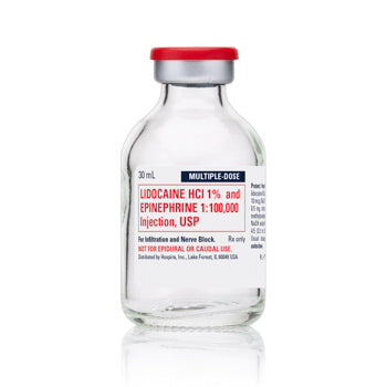 Lidocaine 1% with Epinephrine 1% 1:100,000 for Injection 30 mL vial on a sterile tray, essential for local anesthesia and bleeding control.