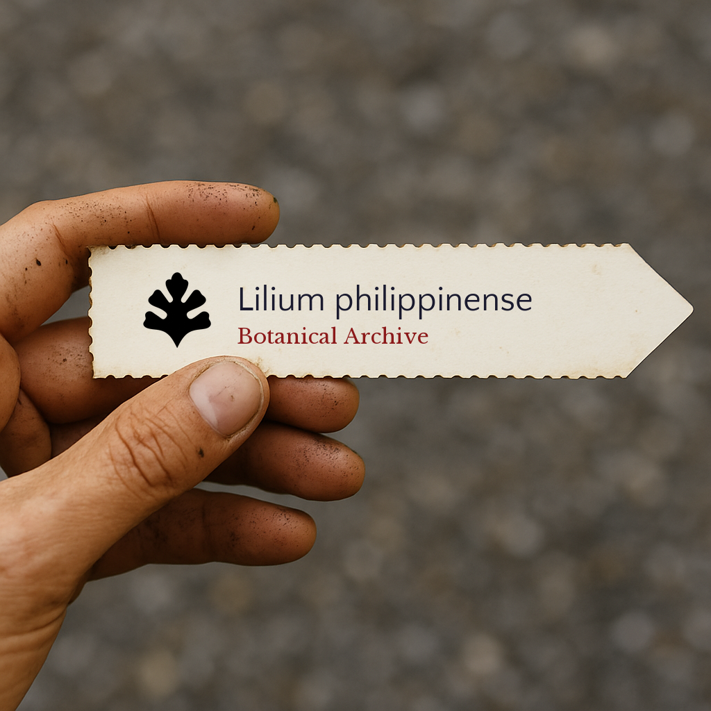 Printed plant label for Lilium philippinense with botanical archive logo held in hand