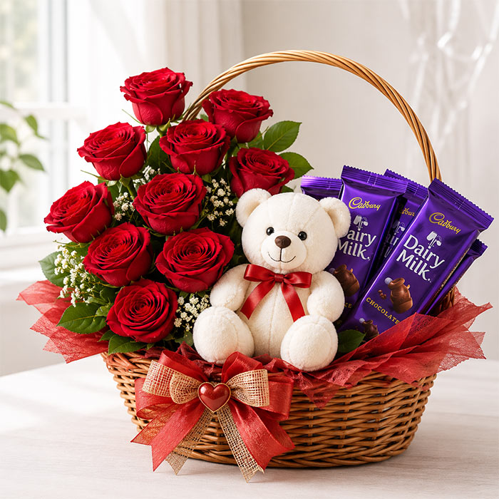 Basket with red roses, a teddy bear, and Cadbury Dairy Milk chocolate bars