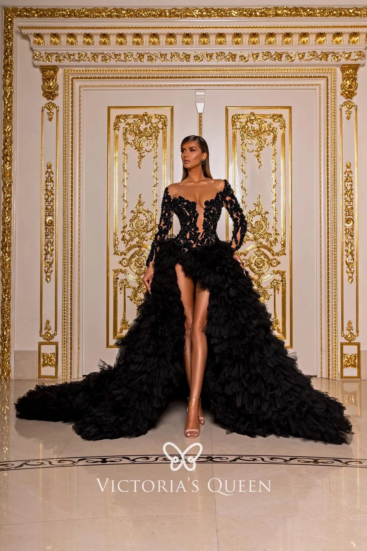 Luxury Black Glitter Lace and Ruffled Tulle Formal Gown