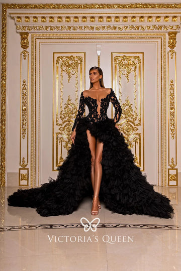 Luxury Black Glitter Lace and Ruffled Tulle Formal Gown