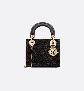 Mini Lady Dior Bag Black Cannage Embroidered Cotton with Micropearls