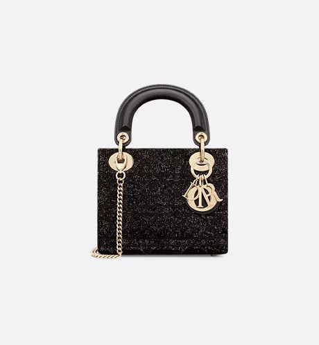 Mini Lady Dior Bag Black Cannage Embroidered Cotton with Micropearls