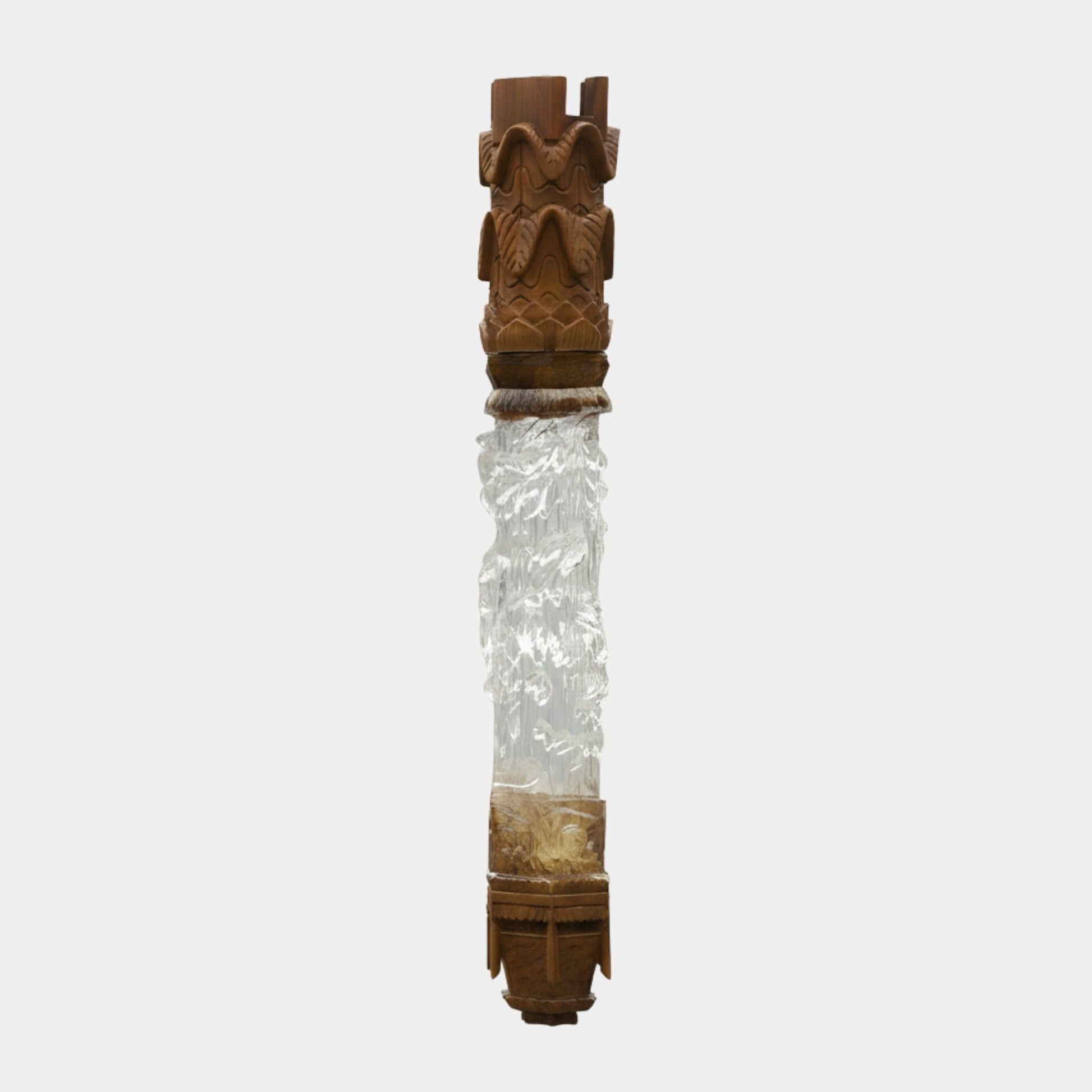 Hanging Carved Wood & Clear Resin Wave Crown Column 120cm by Giant Sculptures, showing a walnut-toned wave-carved crown, textured clear resin midsection, and geometric wood base on a plain background.