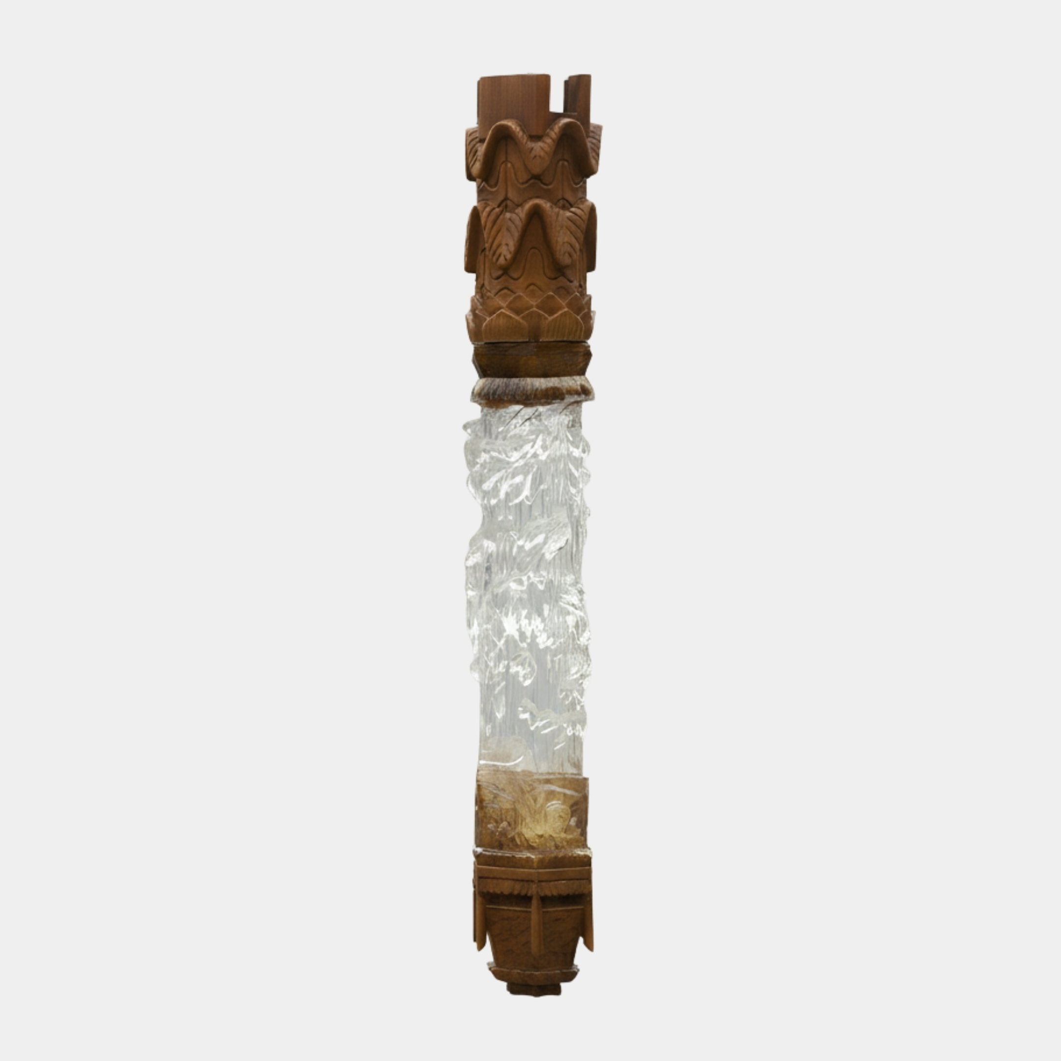Hanging Carved Wood & Clear Resin Wave Crown Column 120cm by Giant Sculptures, showing a walnut-toned wave-carved crown, textured clear resin midsection, and geometric wood base on a plain background.