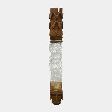 Hanging Carved Wood & Clear Resin Wave Crown Column 120cm by Giant Sculptures, showing a walnut-toned wave-carved crown, textured clear resin midsection, and geometric wood base on a plain background.