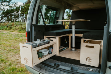 Premium Micro Camper Conversion installed in van boot with pull-out kitchen drawer and storage box