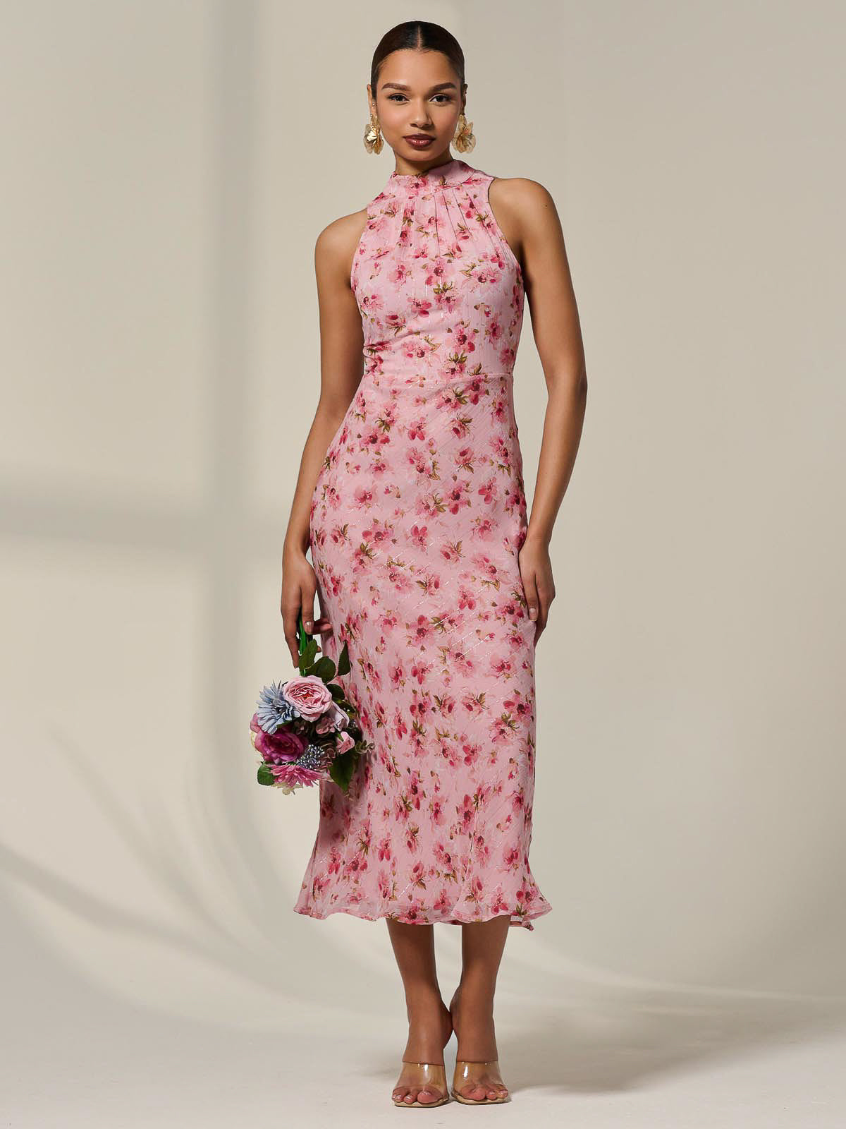 Chiffon Halterneck Printed Midaxi Dress, Pink Floral