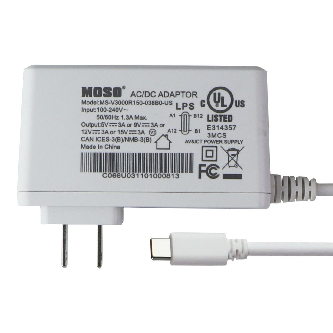 MOSO MSV3000R150-038BO-US USB-C (5V/3A) AC/DC Adaptor - White