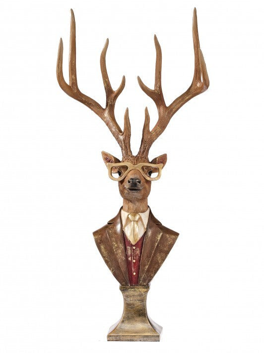 Resin Deer Bust on Pedestal W/ Glasses, 25"