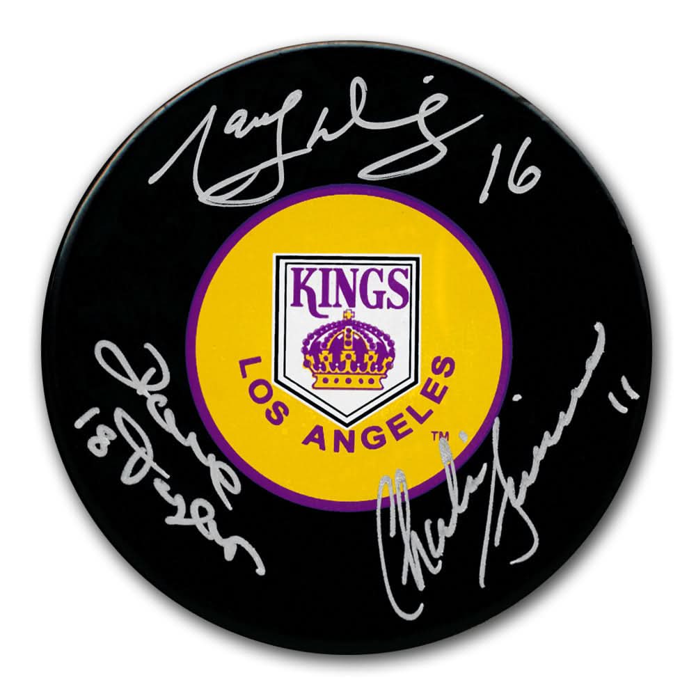 Autographed LA Kings hockey puck signed by Marcel Dionne, Dave Taylor & Charlie Simmer, includes COA—ideal memorabilia for fans.