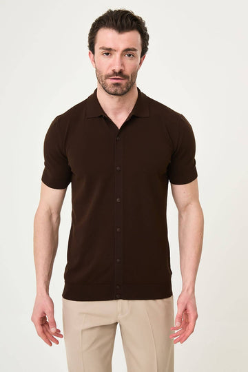 Men’s brown slim fit short sleeve knitwear shirt with button-up front, soft viscose fabric, modern smart casual style