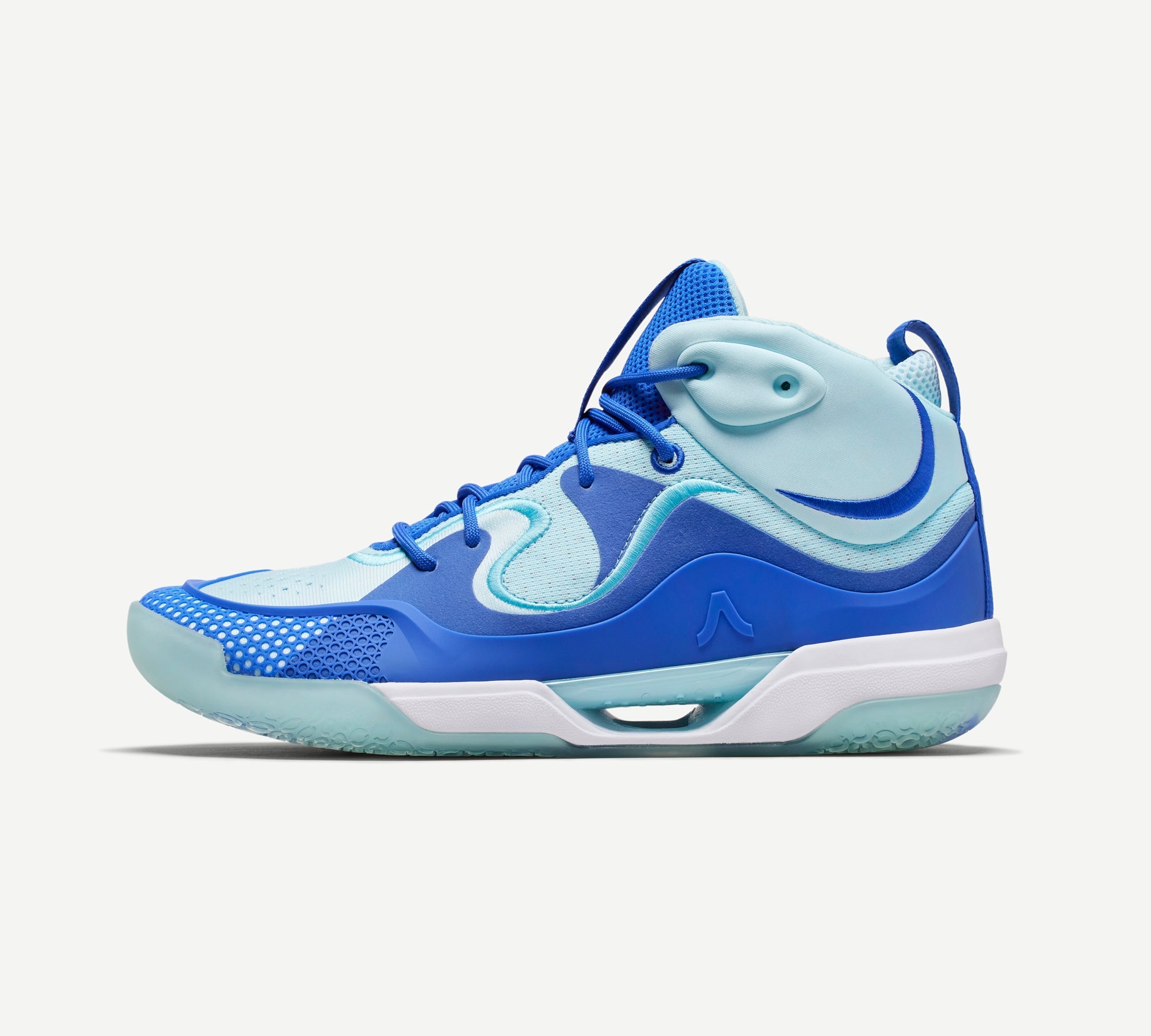 A mid-top volleyball shoes with blue upper material and white midsole