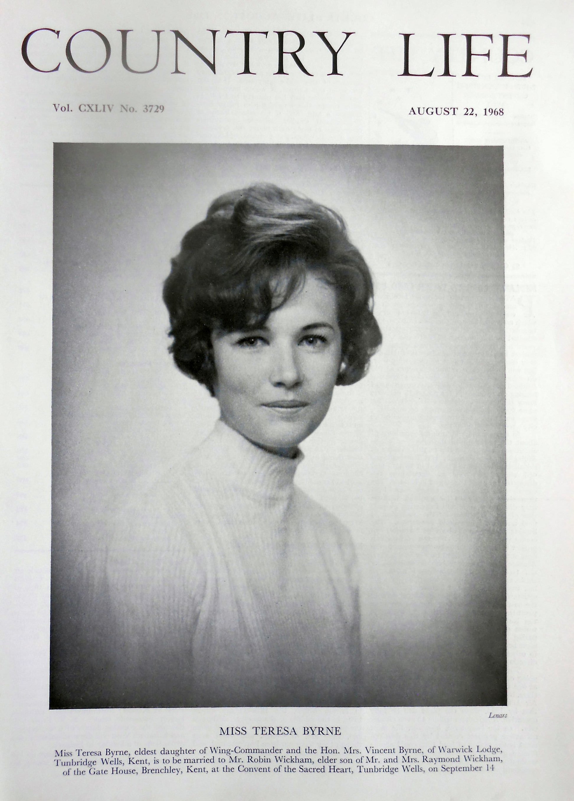 Miss Teresa Byrne Country Life Magazine Portrait August 22, 1968 Vol. CXLIV No. 3729