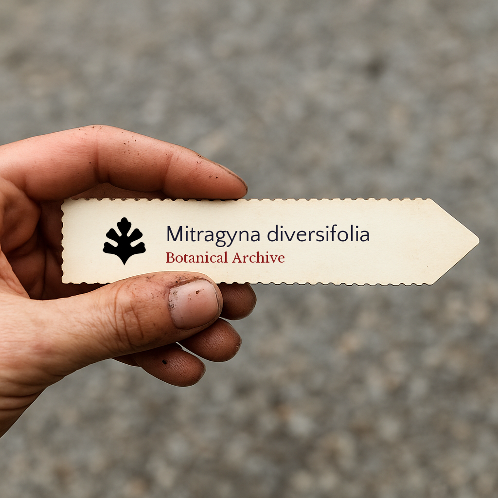 Printed plant label for Mitragyna diversifolia held by hand with dirt background