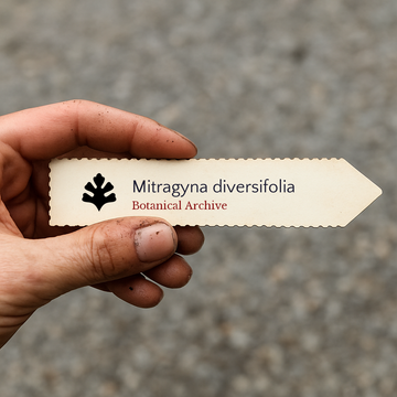 Printed plant label for Mitragyna diversifolia held by hand with dirt background