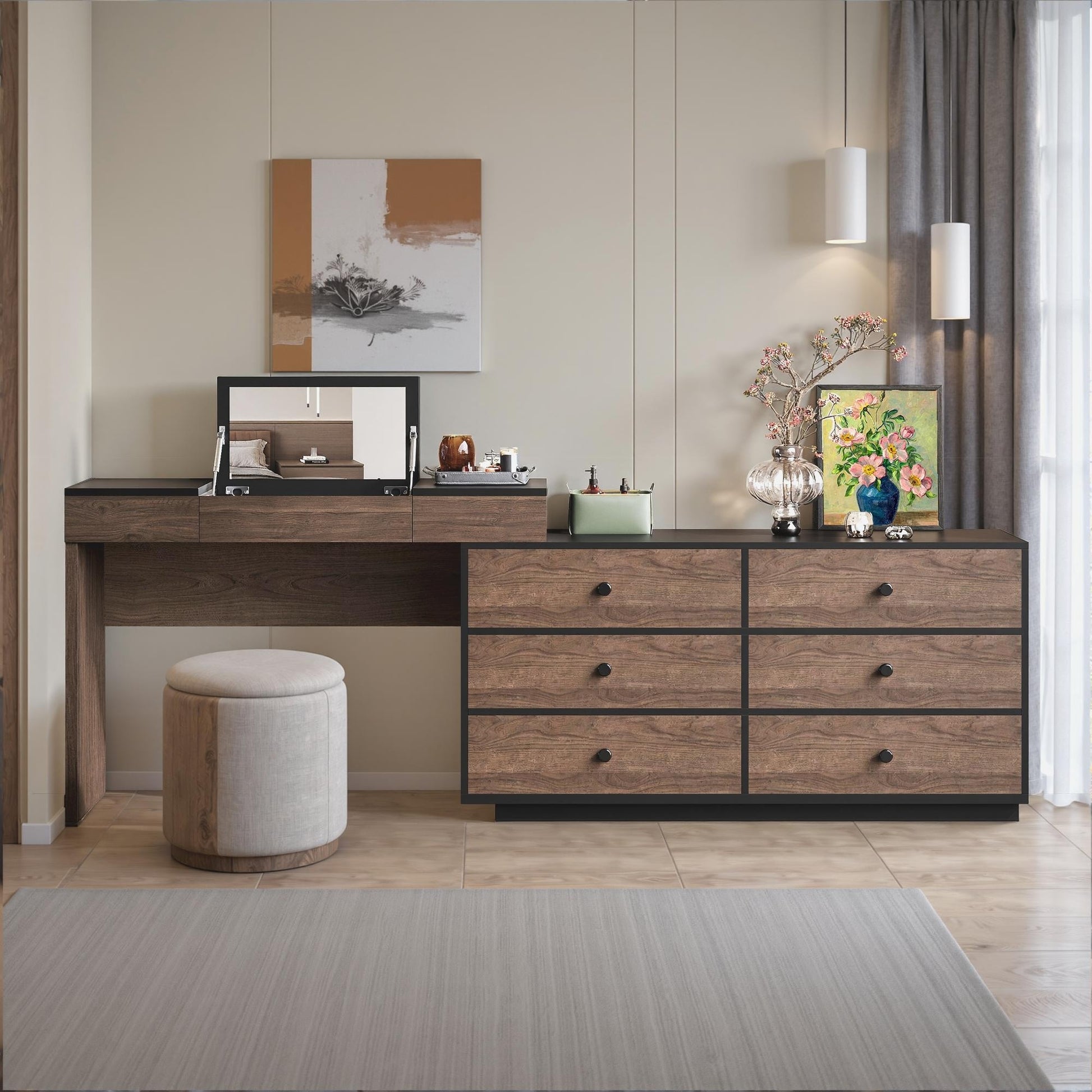 Modern & Contemporary Storage Expandable Dresser Desk Combo For Home Office With 6 Drawers