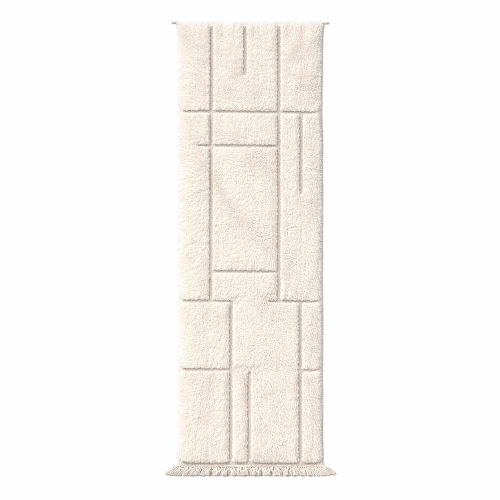 Modern Moroccan wool runner rug with geometric Berber pattern in ivory