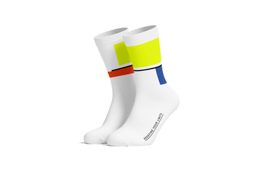 Professional cycling socks for road biking | Slogan Redefine your Limits |Rennrad-Socken mit Mondrian-inspiriertem Farb- und Linienmuster für Radsportler