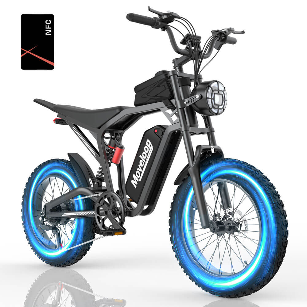 Electric bike with blue glowing wheels on a white background, featuring the brand 'Moreloop'. Moveloop T1 Electric Bike for Adults 1500W Peak Motor 48V 20AH 31 MPH 60-80 Miles All Terrain Fat Tire Electric Mountain Bike