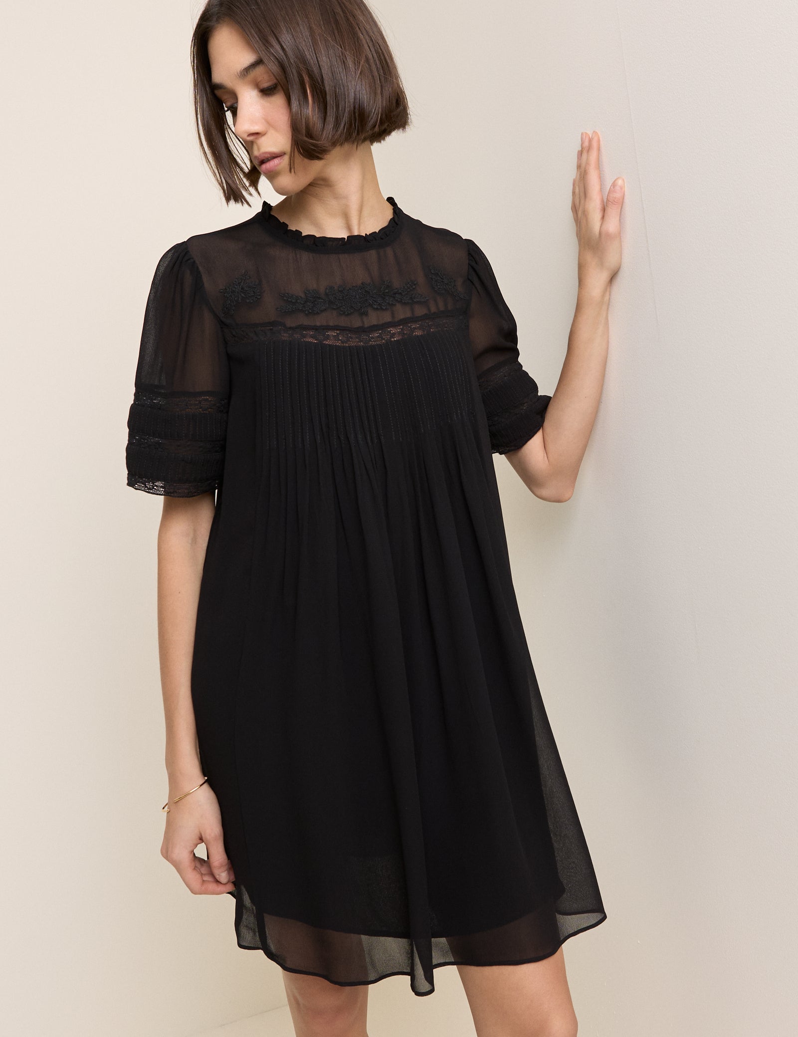 Black Pintuck Lace Trim Tally Mini Dress