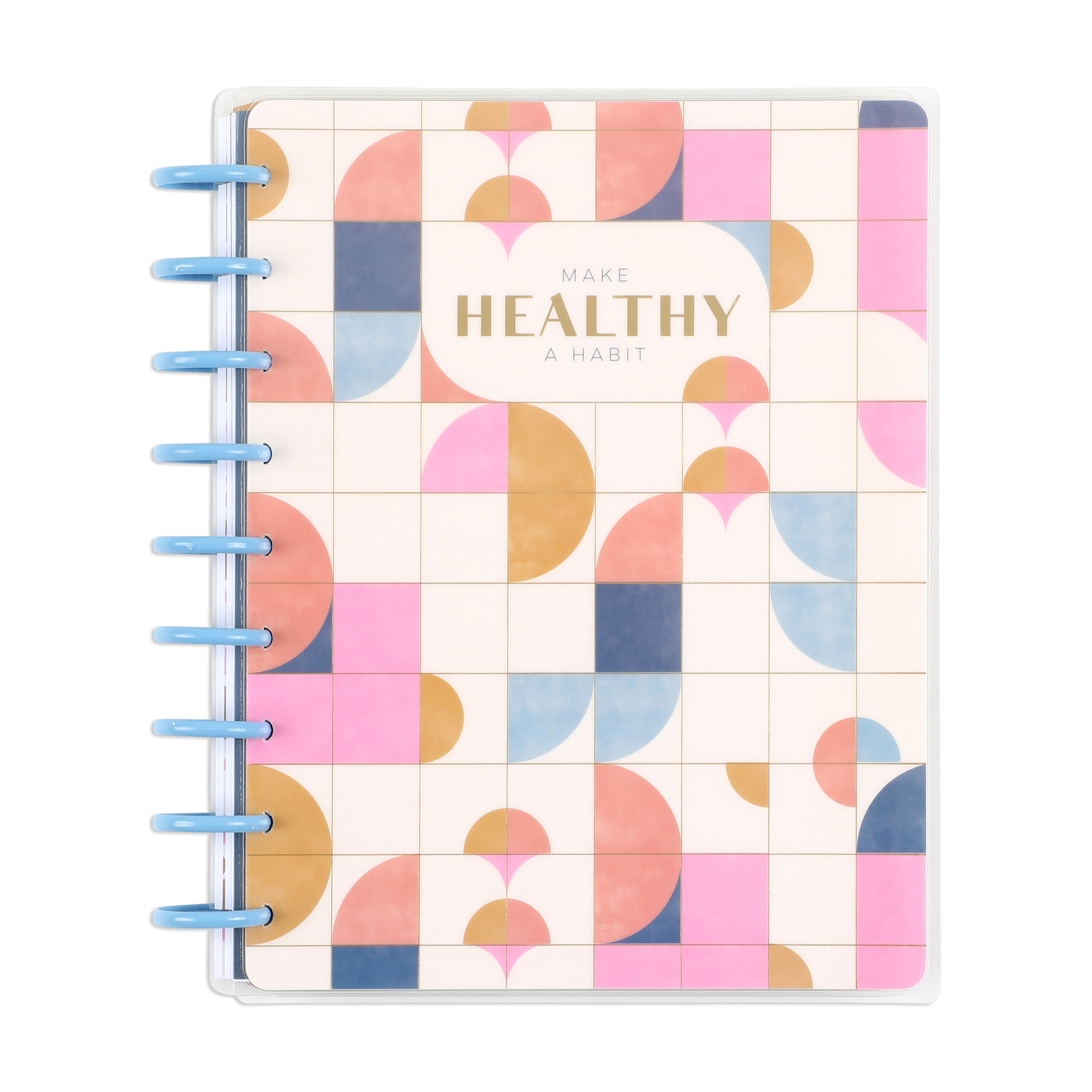 Bold Tiles - Classic Guided Fitness Journal - 80 Sheets with colorful geometric tile pattern cover and light blue disc binding, featuring the phrase "Make Healthy a Habit" on the front.