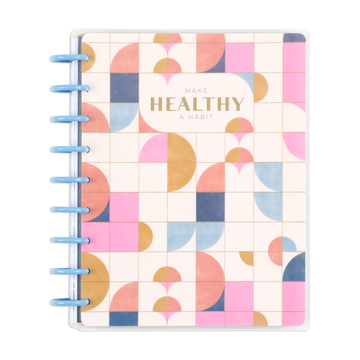 Bold Tiles - Classic Guided Fitness Journal - 80 Sheets with colorful geometric tile pattern cover and light blue disc binding, featuring the phrase "Make Healthy a Habit" on the front.