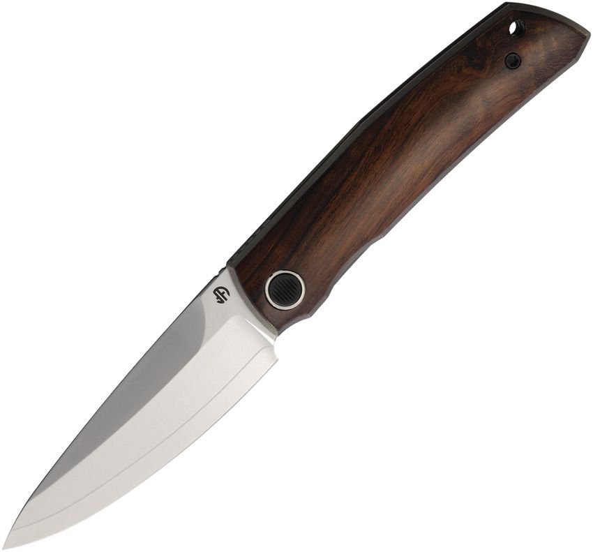 North Mountain Blade Mamoru linerlock with satin blade and wood handle, angled view.