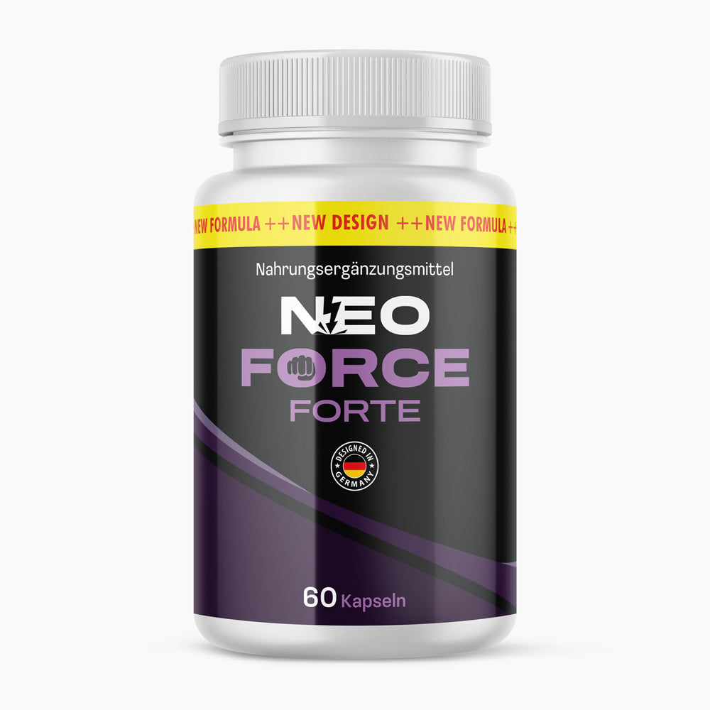 Weiße Dose NEO FORCE FORTE mit schwarz-violettem Etikett und Aufschrift 60 Kapseln auf weißem Grund