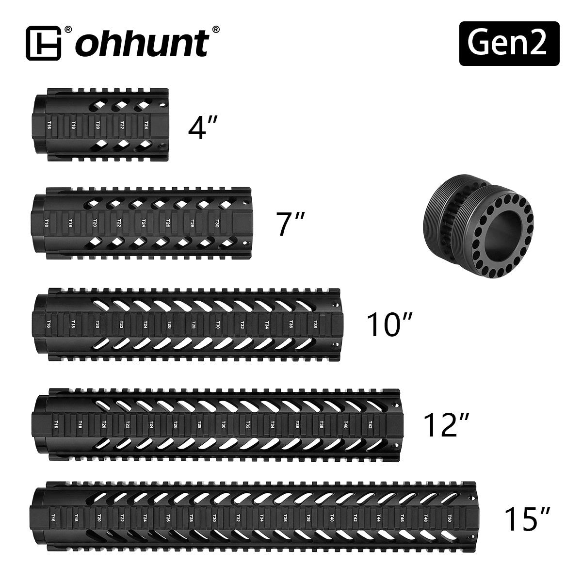 Ohhunt® Gen2 AR-15 M16 Free Float Quad Rail Handguard 4" 7" 10" 12" 15"