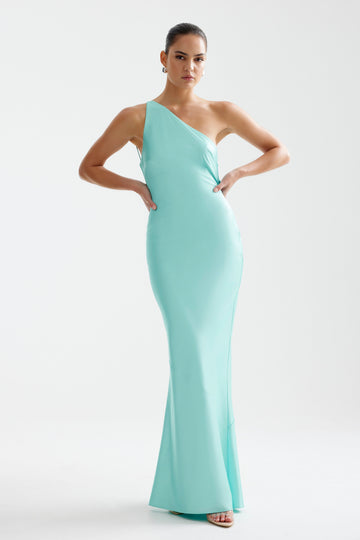Nola Dress featuring a sleek one-shoulder silhouette in aqua with a fitted and elegant formal evening style