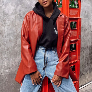 Ladies Oversized Blazer in Faux Leather Lune London