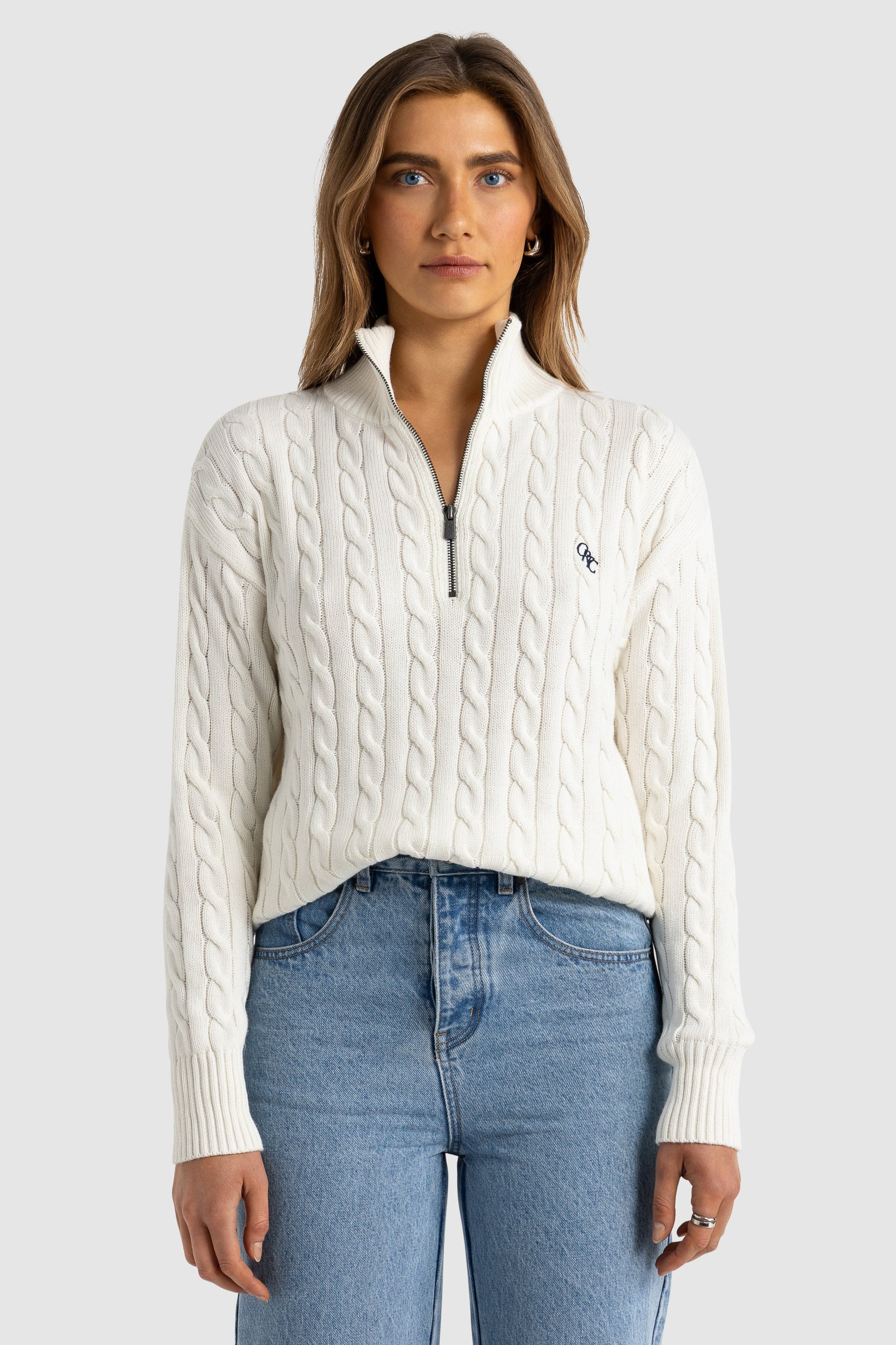 Kingston Cable Knit Quarter Zip White