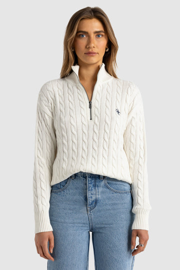 Kingston Cable Knit Quarter Zip White