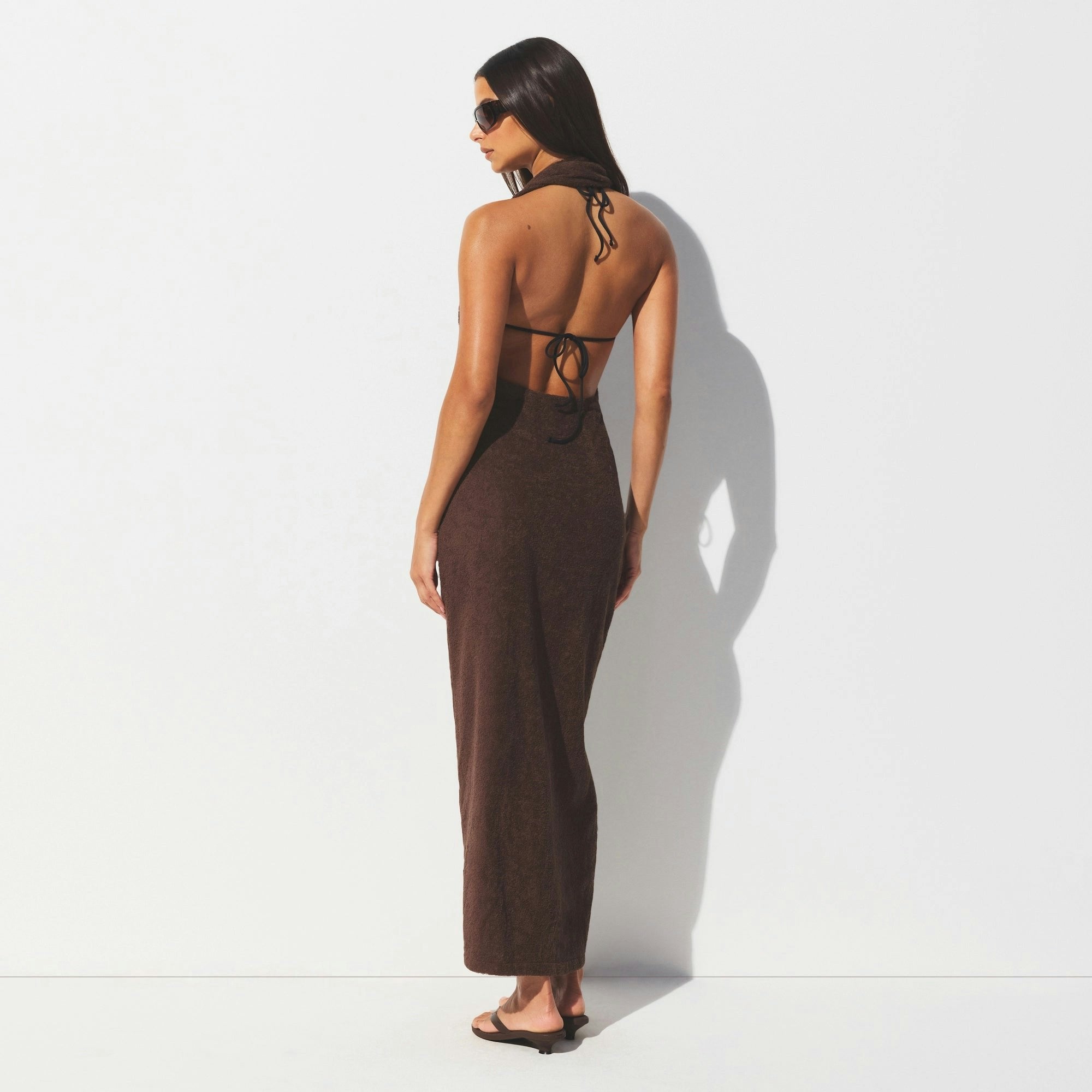 TERRY COVER-UPS DEEP PLUNGE HALTER WRAP DRESS | DARK SEPIA