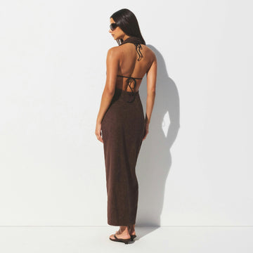 TERRY COVER-UPS DEEP PLUNGE HALTER WRAP DRESS | DARK SEPIA