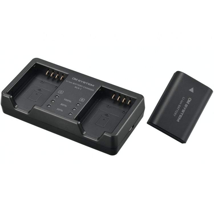 OM System SBCX-1 dual battery charger kit with BLX-1 lithium-ion rechargeable battery and BCX-1 dual charger for OM-1 camera