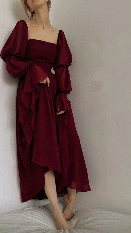 Retro Burgundy Long-sleeve A-Line Long Prom Dress Party Dress Evening Dress DP6485