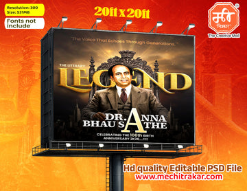 Royal themed Anna Bhau Sathe Jayanti Banner Flex editable psd template displaying urban background