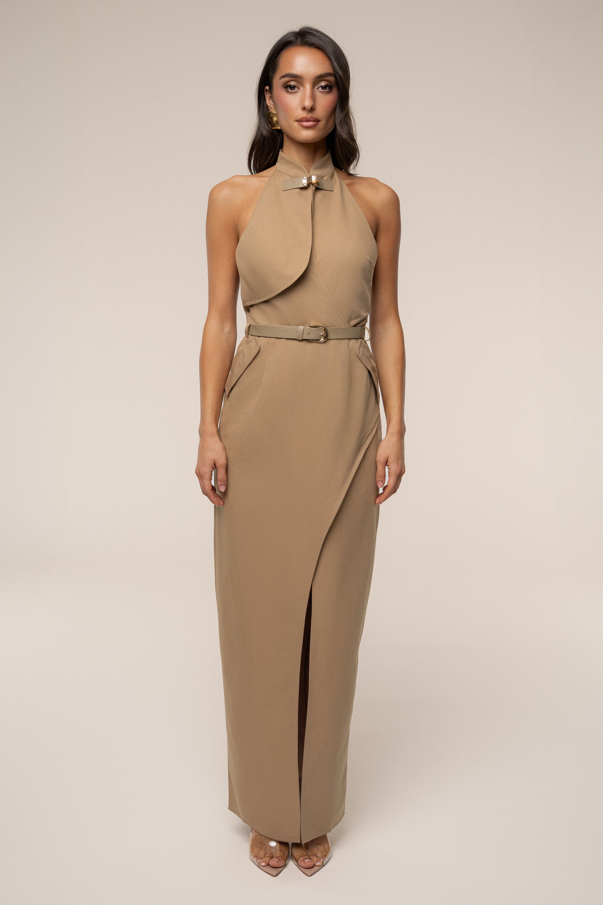 Tan Aria keyhole maxi dress by JLUXLABEL featuring a flowy silhouette and stylish keyhole neckline, perfect for elegant occasions.