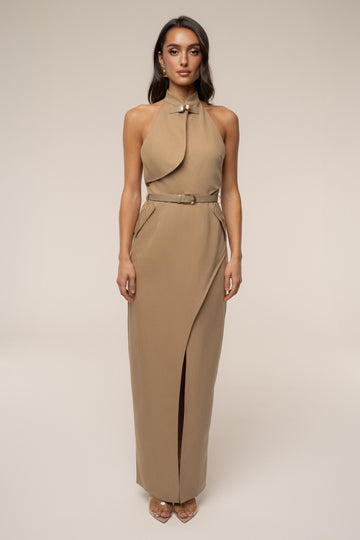 Tan Aria keyhole maxi dress by JLUXLABEL featuring a flowy silhouette and stylish keyhole neckline, perfect for elegant occasions.