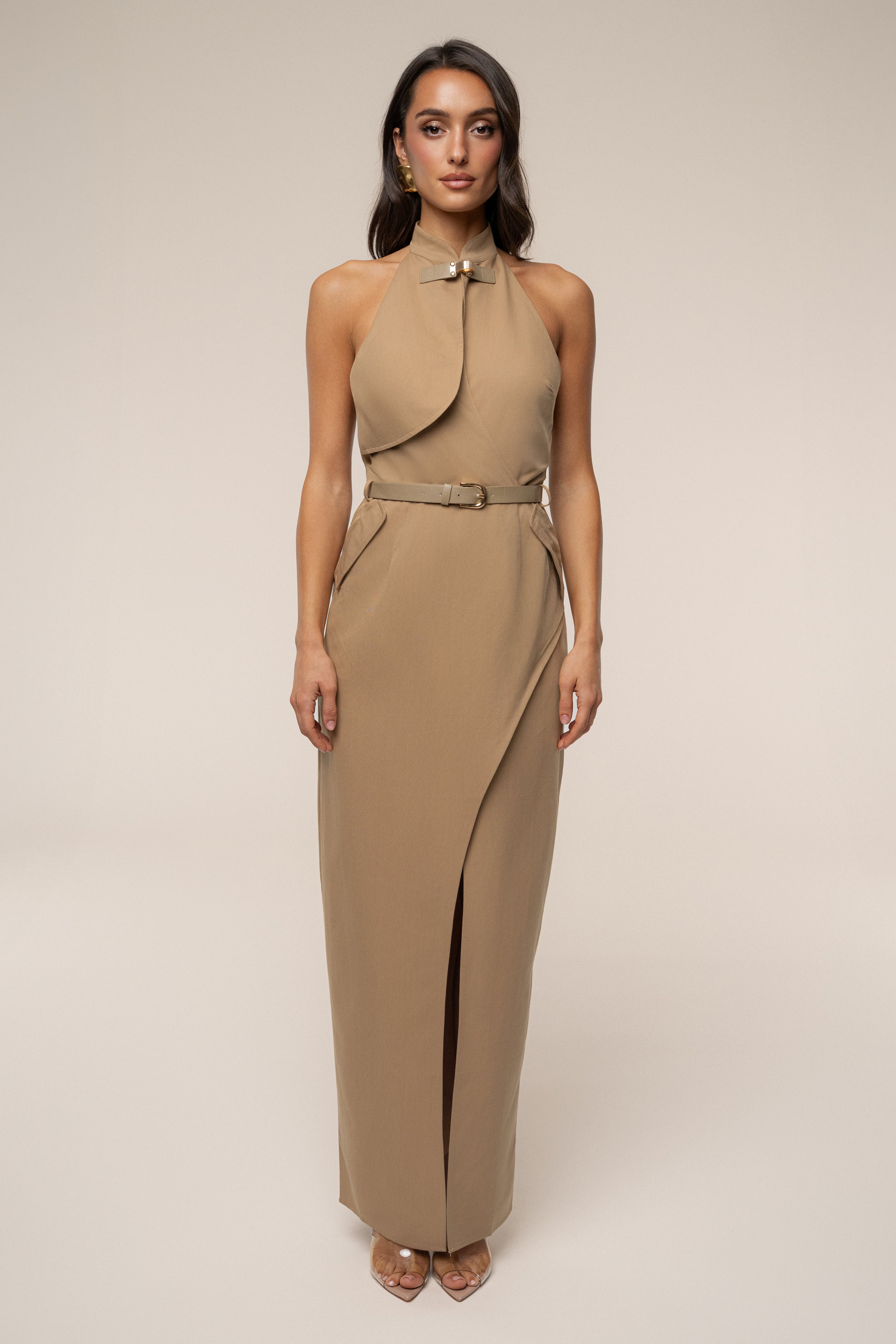Tan Aria keyhole maxi dress by JLUXLABEL featuring a flowy silhouette and stylish keyhole neckline, perfect for elegant occasions.