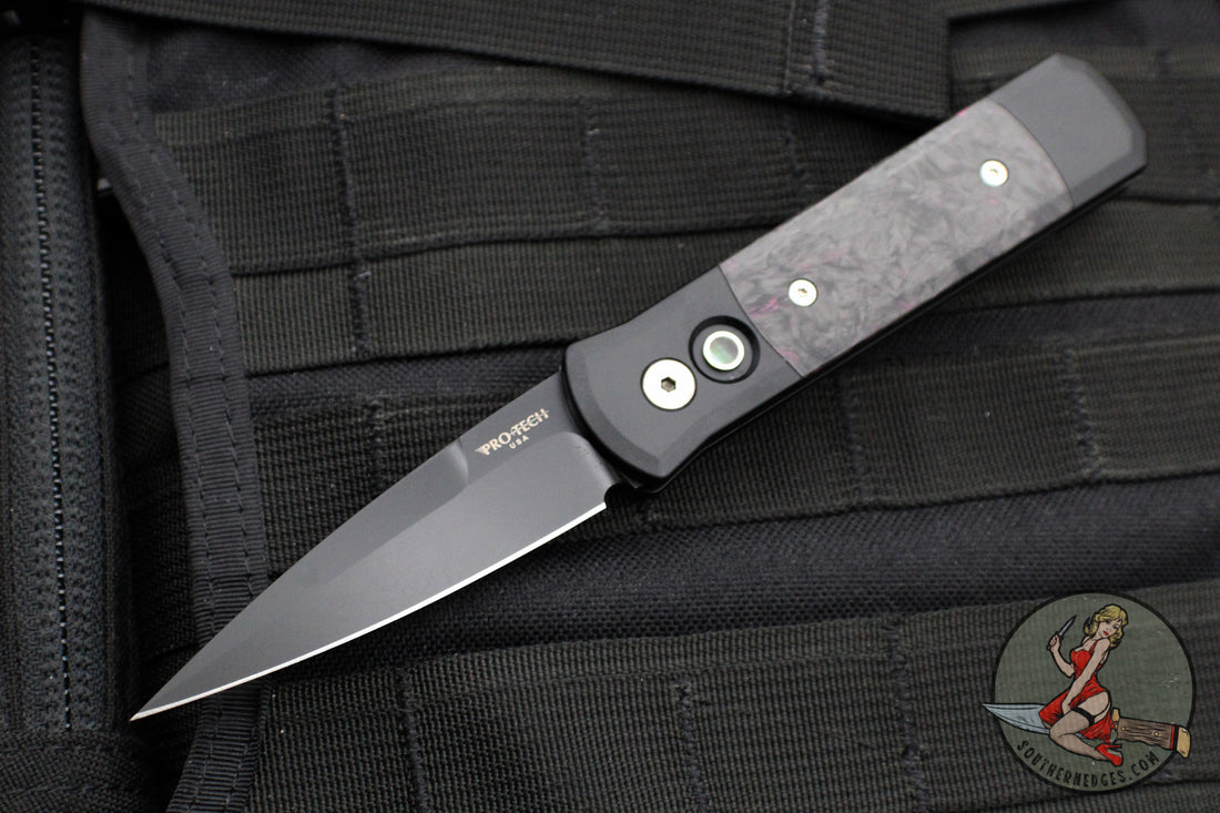 Protech Godson Out The Side Auto (OTS)- Black Handle With Fat Carbon Dark Matter Purple Inlays- Black Blade 7FC32
