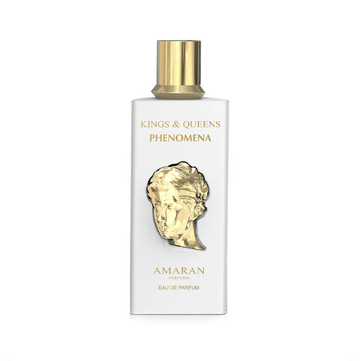 A clean studio shot of the white 100ml bottle, highlighting its minimalist aesthetic contrasted by the iconic, metallic gold-toned sculpted portrait on the front.