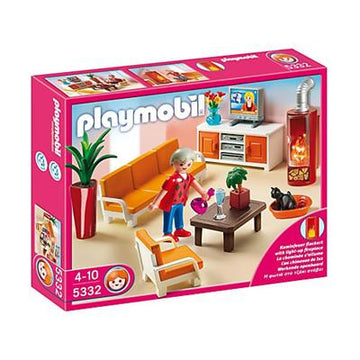 Sala de Estar - Playmobil Doll House 5332Una sala de estar funcional y confortable para la casa de muñecas de Playmobil. Esta sala de estar incluye sillón, sofá, mueble para el equipo de música y televisión, un gatito y una estufa de pellets que se ilumina de verdard (funciona con 2 pilas AAA no incluidas).