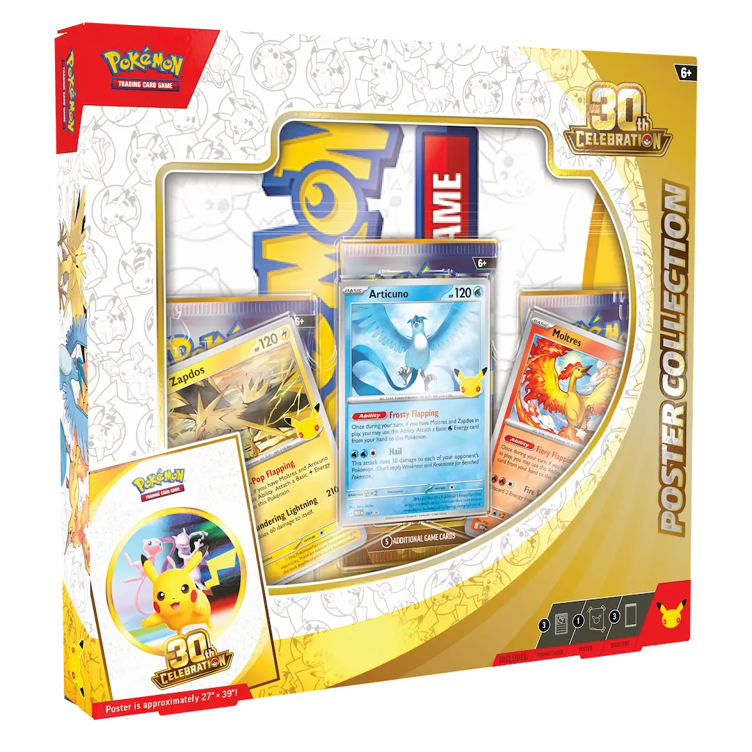 30th Celebration Poster Collection featuring Pokémon cards and Pikachu in collectible packaging.