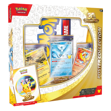 30th Celebration Poster Collection featuring Pokémon cards and Pikachu in collectible packaging.