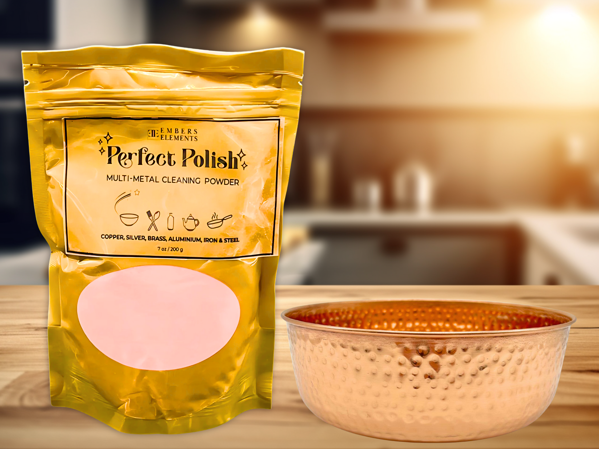 Gold packaging of 'Perfect Polish' cleaning powder with a copper bowl on a wooden surface - Embers Elements.